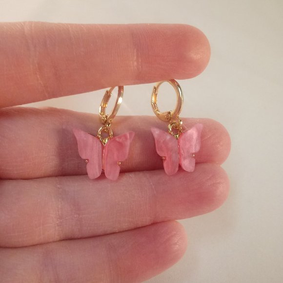 Kristy's Jewels Jewelry - Gold Plated Pink Opal Resin Butterfly Dangle Earrings 12mm Party Gift